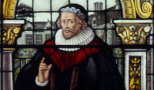 Stained glass window of Laurence Chaderton, with Hall in the background