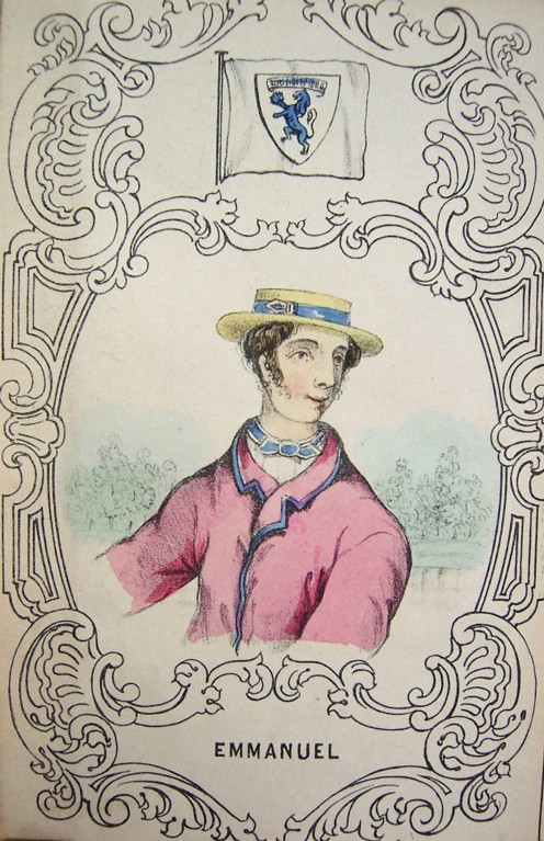A coloured drawing of a man in a pink blazer with a blue edge and a straw hat with a blue ribbon around it