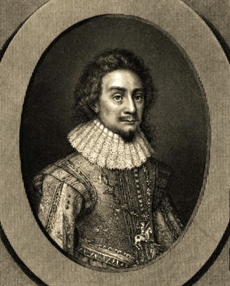A black and white portrait of a man with a small moustache and beard, dressed in an embroidered doublet and large ruff