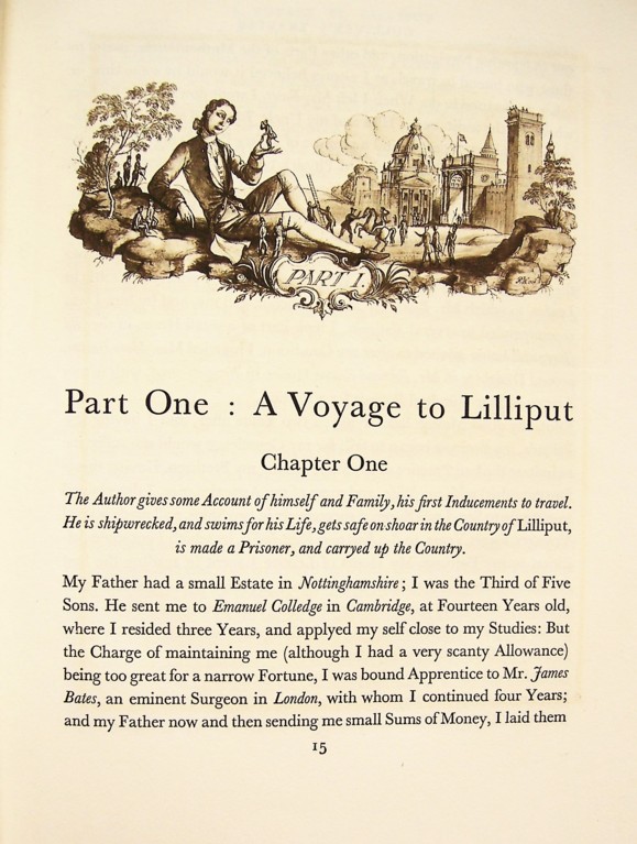 A black and white page with a drawing of a seated man with a town in the background, below which reads 'Part one: a voyage to Lilliput'