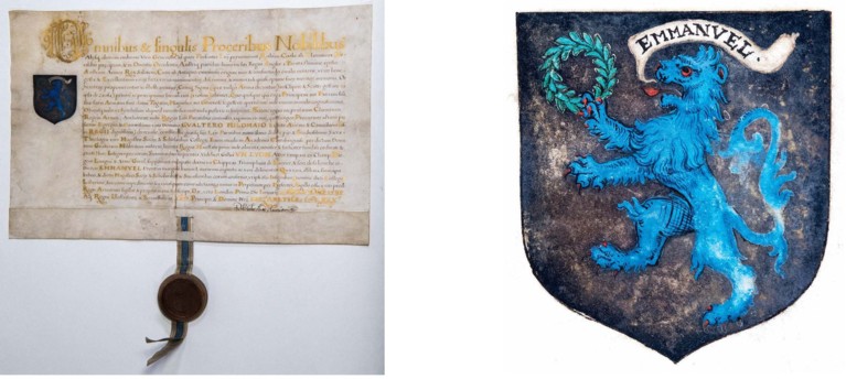A handwritten Elizabethan charter (left) with gold writing, a signauture and a crest, and a detail of the crest (right): a blue lion, holding a wreath and a flag reading 'Emmanuel' proceeding from its mouth
