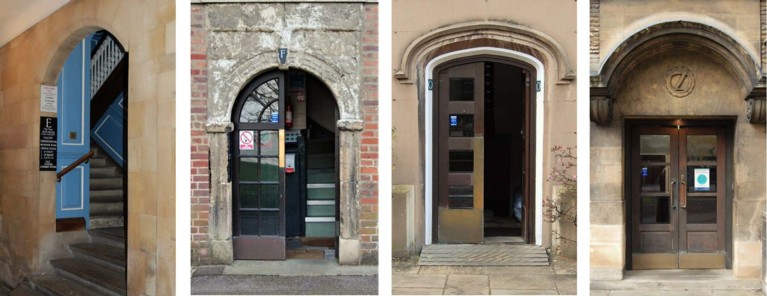 Four staircase entrances, all with semi-circular stone surrounds and wooden doors