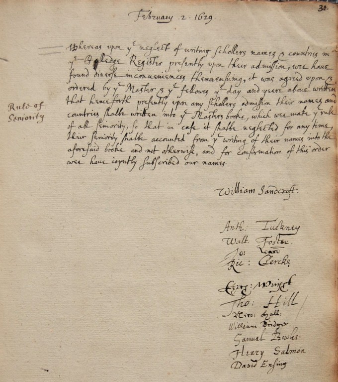 A 17th century document written in black ink, signed by a list of Fellows