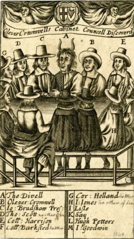 An engraving of ten men in hats and large collars, seated around a table, and talking with the devil, who is in the middle