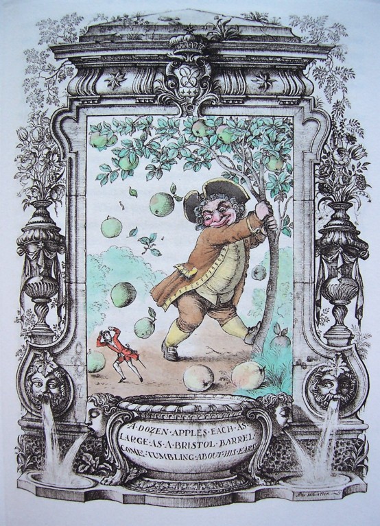 A coloured drawing of a small man in a red coat standing next to a giant who is wearing a brown jacket, doublet and short trousers, who is shaking a tree, with apples falling