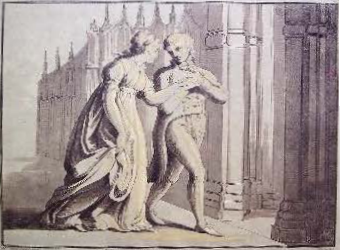 A black and white drawing of a couple walking into a church, wearing 18th century dress