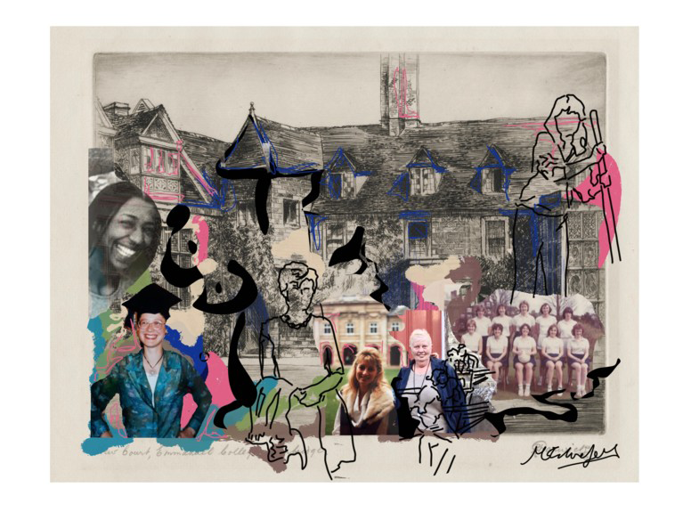 A collage of a medieval court, with overlays of drawings & photos of alumnae of the college