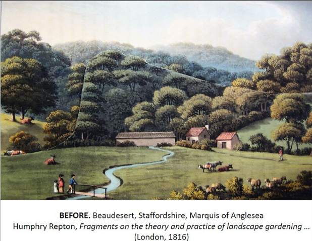 A coloured drawing of a wooded hill with a large field & outbuildings in the foreground.