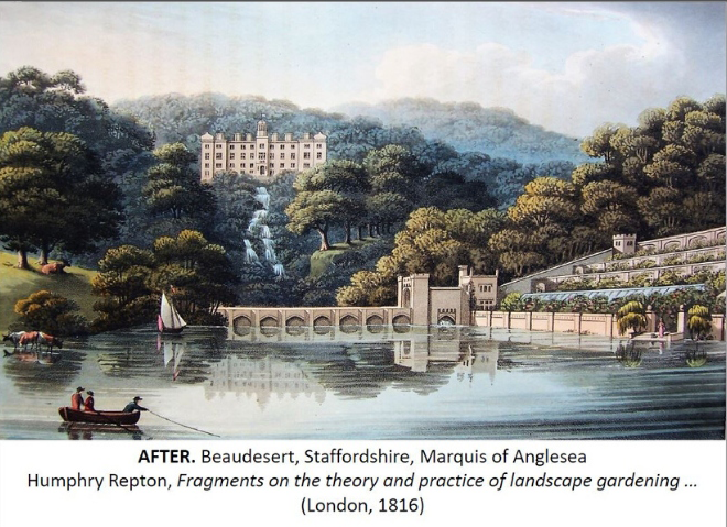 A large house on a wooded hill with a long stream running down into a large lake, with a bridge & folly crossing it.