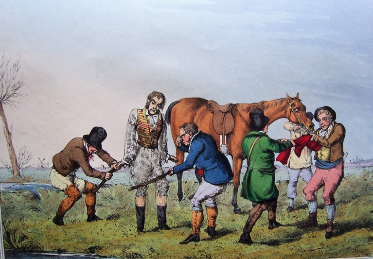 A coloured drawing of a group of men surrounding a horse, and batting down a man whose clothes are soaked