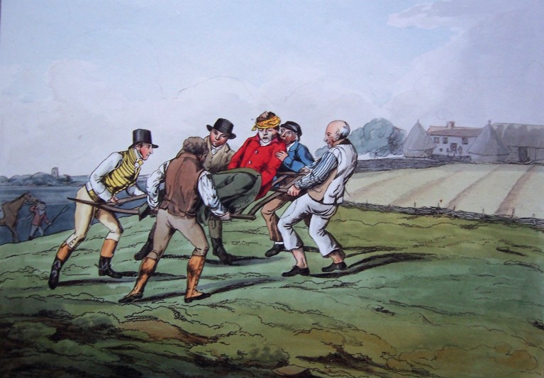 A coloured drawing of a group of men carrying another in a red coat on a stretcher