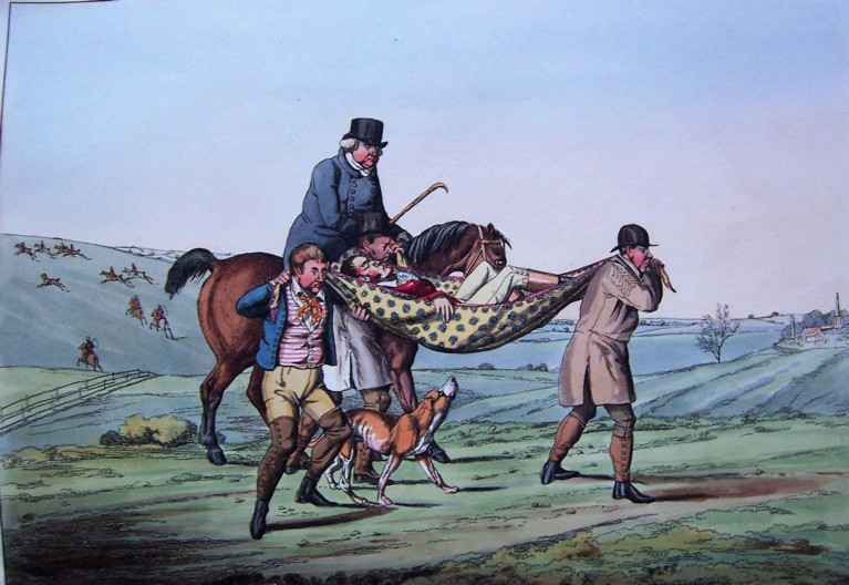 A coloured drawing of a man being carried in a shawl by three men, one on a horse