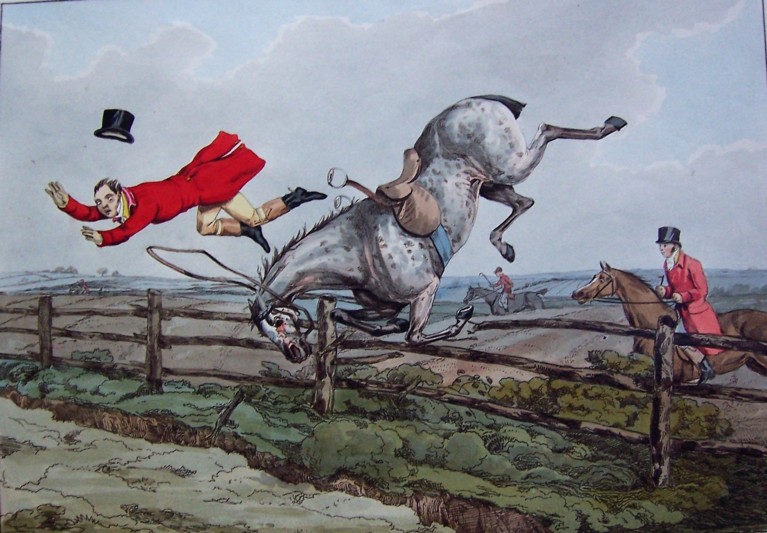 A coloured drawing of a man in a red coat flying forwards from the saddle of a grey horse which has tripped over a fence