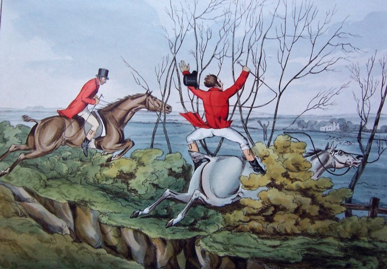 A coloured drawing of two men on horses falling into a lake