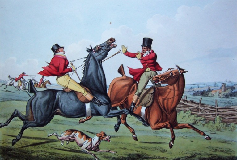 A coloured drawing of two horses colliding, with riders in red coats and black hats, who are about to fall off the horses