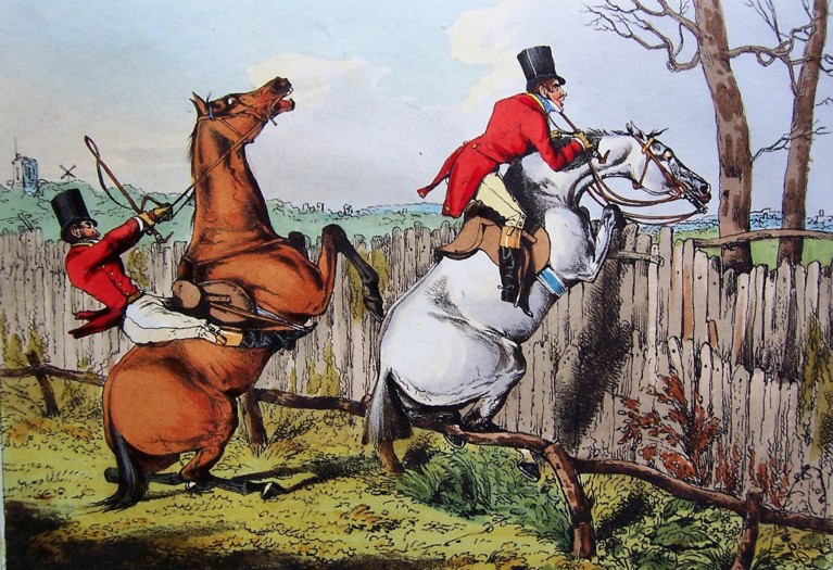 A coloured drawing of two men on horses, trying to jump over a fence that is too high for the horses' legs