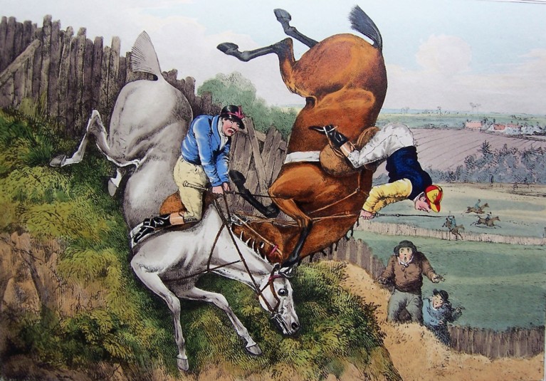 A coloured drawing of two horses with jockeys, falling down a hill while colliding
