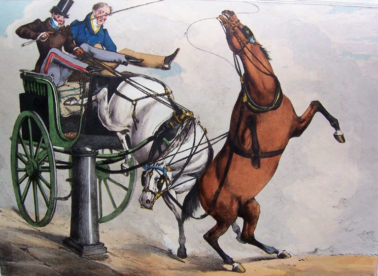 A coloured drawing of two men in a carriage, which is colliding with a post, the horses are rearing