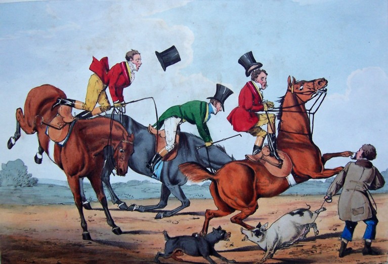 A coloured drawing of three horses colliding, with men on their backs in red coats, their black top hats falling off