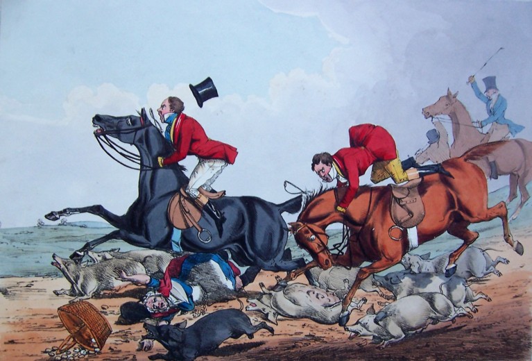 A coloured drawing of two men riding over a woman and some pigs who have fallen, each horse is falling over them and a group of hunting hounds