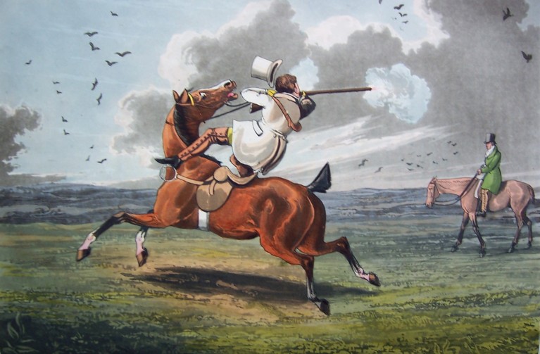 A coloured drawing of a man in a white coat and hat aiming a shotgun behind him, and about to fall off his horse, backwards