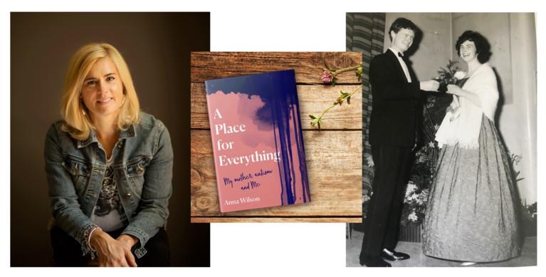 A combination of three pictures: a blond middle-aged women looking at the camera in a denim jacket, a book entitled 'a place for everything', and a black-and-white photo of a couple in black tie and a ball gown