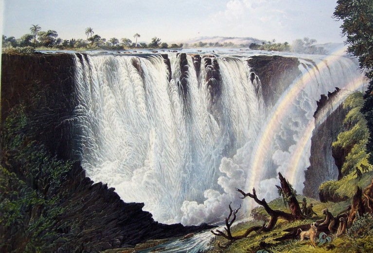 A coloured drawing of a large expanse of a raging waterfall, with a rainbow of light to the right-hand side, trees in the foreground
