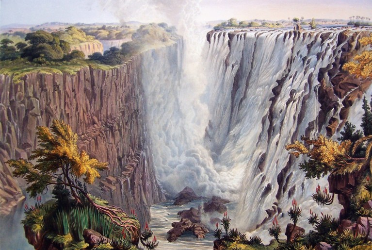 A coloured drawing of a narrow ravine with a waterfall falling into it from one side, and smoke and steam rising from it. There are trees and small dwellings at the far left and big fronds and palms in the foreground