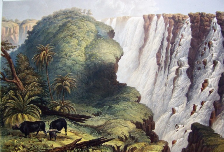 A coloured drawing of a large outcrop of rock which is covered with trees, with a large waterfall to its right-hand side. Palm trees in the foreground