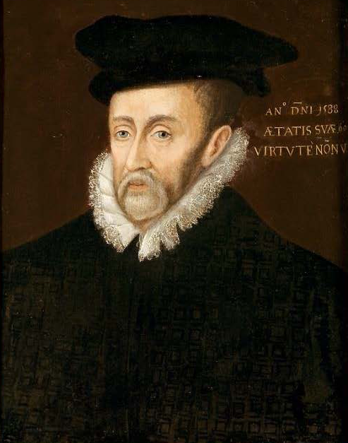 A portrait of a sixteenth-century man, in black with a white ruff, and wearing a black cap