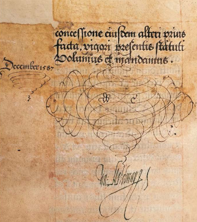 A piece of parchment with drawings, calligraphy and a signature