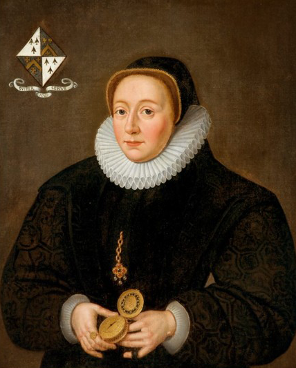 A portrait of a middle-aged woman in a black dress with a large white ruff, and a semi-circular hat, with black hair covering