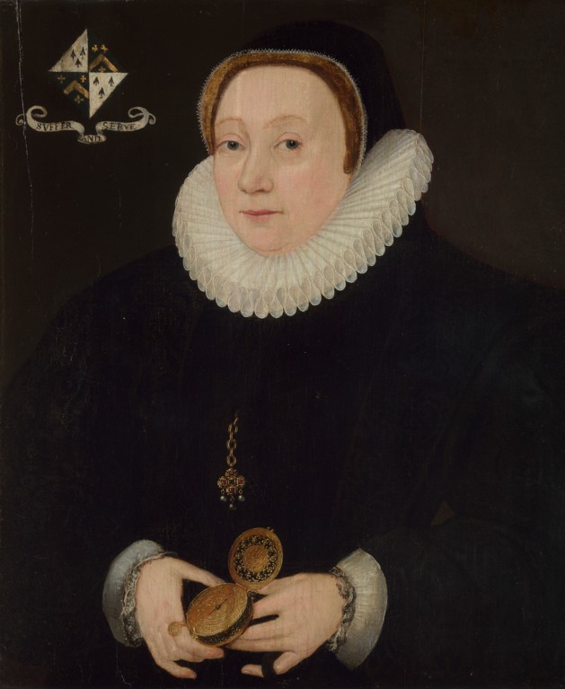 A portrait of a middle-aged woman in a black dress with a large white ruff, and a semi-circular hat, with black hair covering