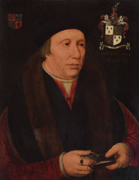 A portrait of a middle-aged man in a red coat, black overcoat and fur stole, with a black hat