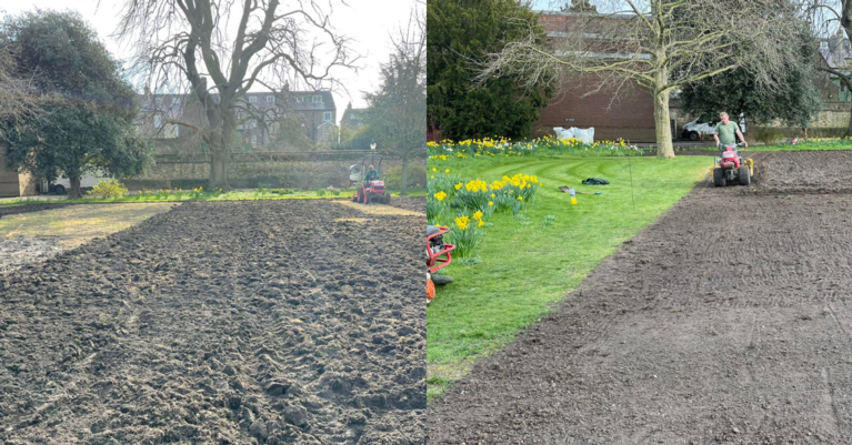 A large lawn being lifted and soil levelled