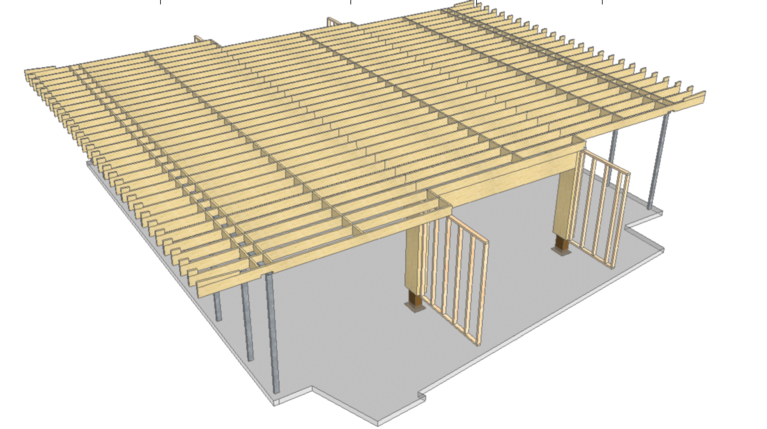 A three dimensional mock-up of a wooden roof and doors of a building