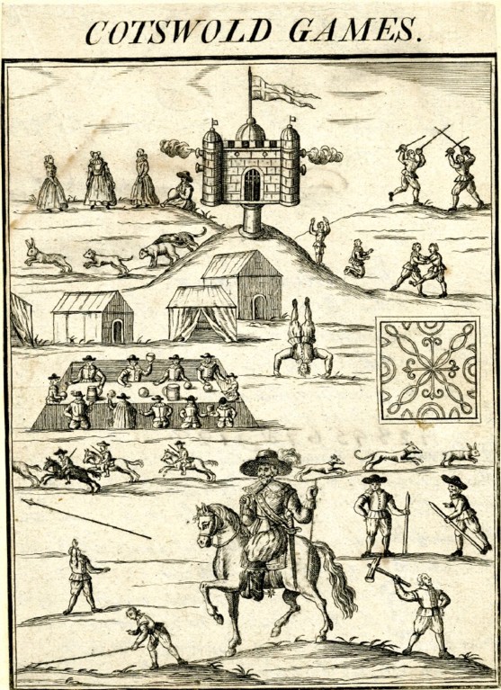 A black and white title page of figures playing various games, titled 'Cotswold games'