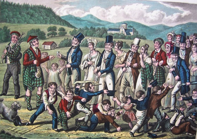 A coloured drawing of a procession of Scottish people, with a bagpiper in front and a bride as part of the line