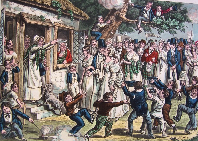 A coloured drawing of a couple arriving at a house, an old woman is holding out a plate with cake on it, and they are surrounded by people