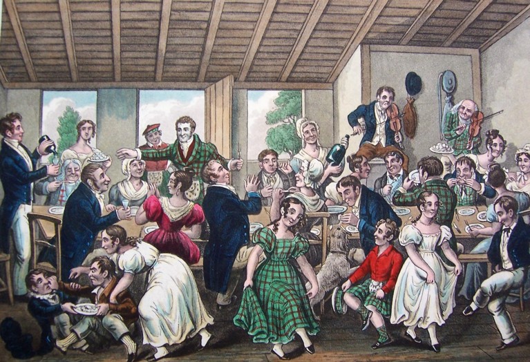 A coloured drawing of many people inside, dancing