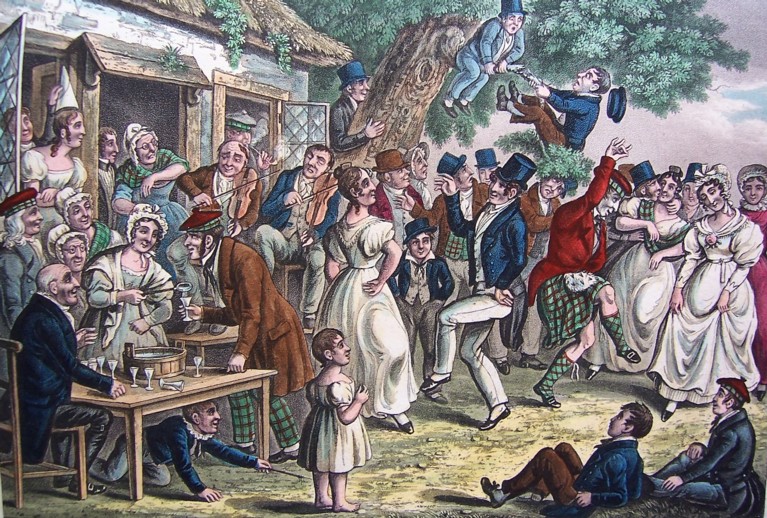 A coloured drawing of many people dancing and eating