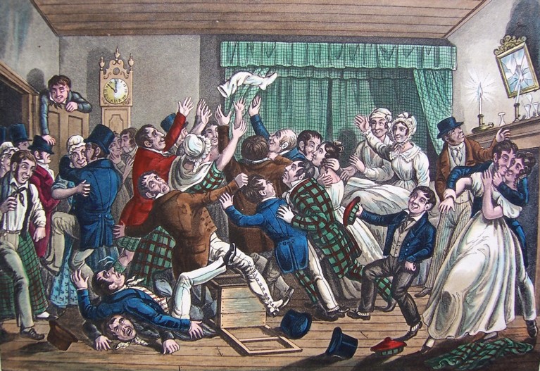 A coloured drawing of many men all fighting over and reaching for a white stocking, which is in mid-air