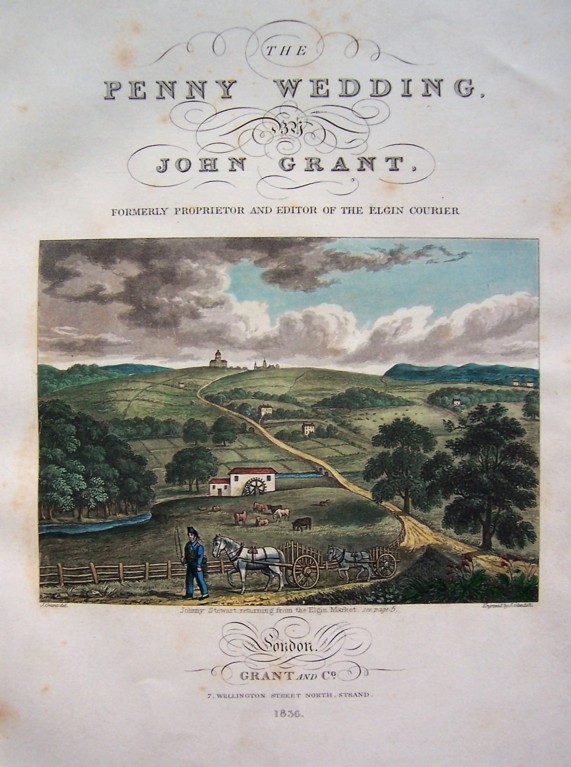 A title page reading 'The Penny Wedding', with a picture of a large expanse of green fields, and a man walking in the foreground, dressed all in blue
