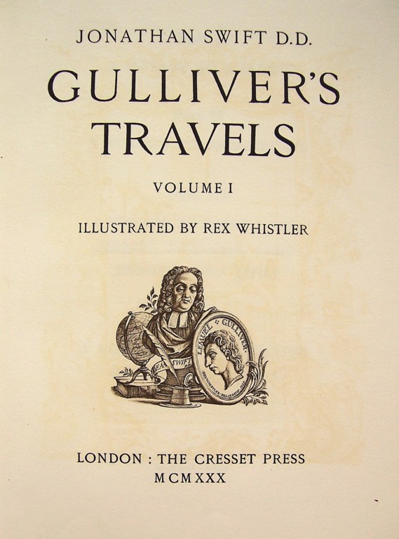 A black and white title page which reads 'Gulliver's Travels'