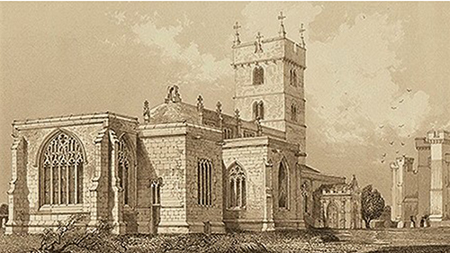 A black and white drawing of a church with a spire, and three large cuboid rooms in the foreground, each with pointed arches with windows within