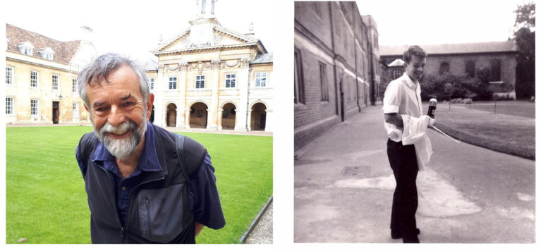 Left: An elderly man with a beard, smiling while he leans into the camera, with the front court and chapel building behind him. Right: a black and white photo of a young man holding laundry, with a path, chapel building and lawn to his right
