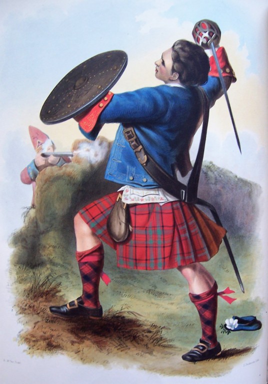 A coloured drawing of a man in a red tartan kilt and blue jacket, holding a sword and shield, being shot by a man from behind a rock in the distance