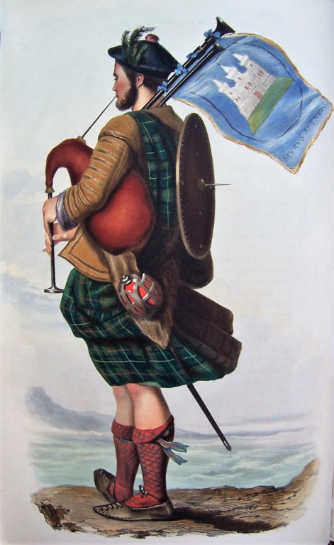 A coloured drawing of a bagpoper, in a mustard yellow jacket and a green tartan kilt. He is holding a blue flag with a white castle on it