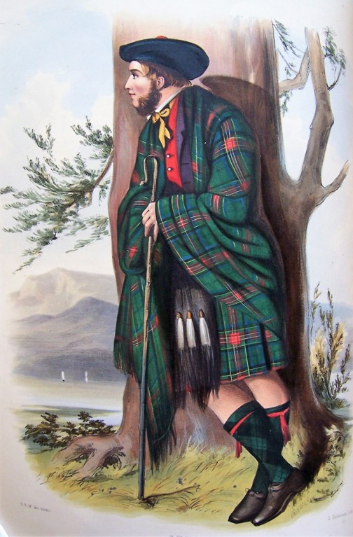 A coloured drawing of a man in a green tartan shawl, leaning against a tree