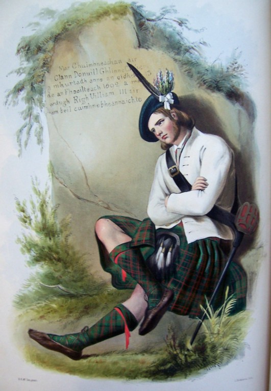 A coloured drawing of a young man in a white jacket and green kilt, with a black hat, leaning against a gravestone, which is covered at the top in weeds and grass